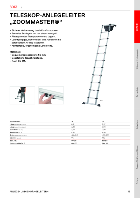 HYMER Sprossenanlegeleiter, 22 Sprossen, Länge 6,36 m 601122