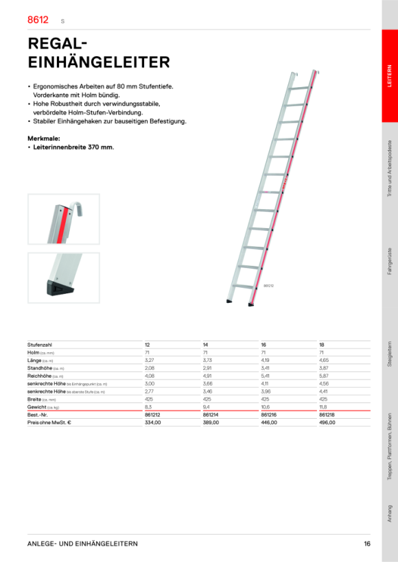 HYMER Einhänge-Schiebeleiter, 2x8 Sprossen, Länge eingef. 2,23 m / ausgef. 3,22 m 609204