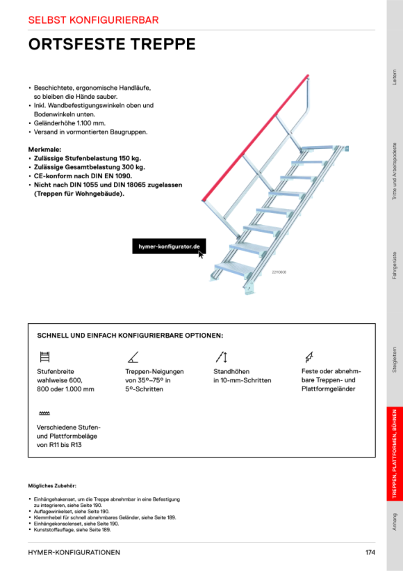 HYMER Ortsfeste Treppe ohne Plattform, Treppenneigung 45°, Stufenbreite 600 mm, 11 Stufen, Standhöhe 2,35 m 22110611