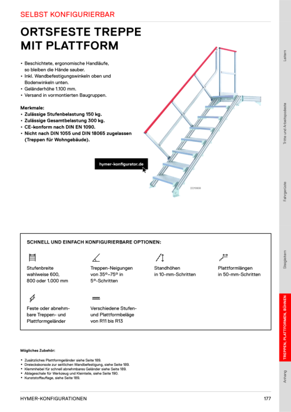 HYMER Ortsfeste Treppe ohne Plattform, Treppenneigung 60°, Stufenbreite 600 mm, 6 Stufen, Standhöhe 1,50 m 22100606