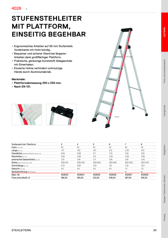 HYMER Stufenstehleiter mit Plattform, einseitig begehbar, 4 Stufen, Standhöhe 0,88 m 402604