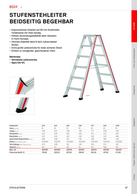 HYMER Stufenstehleiter, beidseitig begehbar, 2x7 Stufen, Länge 1,77 m 602414