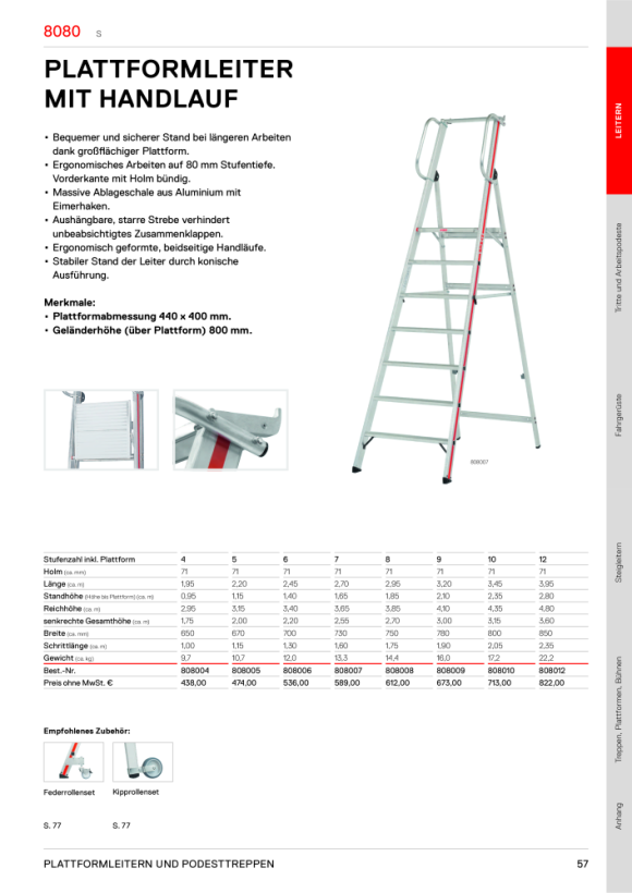 HYMER Plattformleiter mit Handlauf, 12 Stufen, Standhöhe 2,80 m 808012