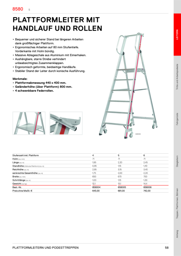 HYMER Plattformleiter mit Kipprollen und langem Handlauf, 7 Stufen, Standhöhe 1,65 m 808107