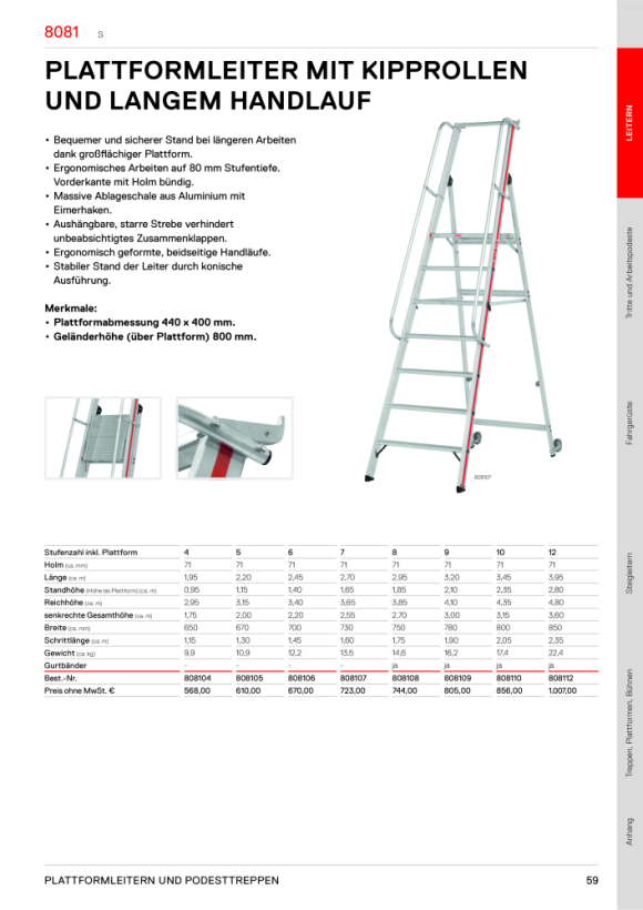 HYMER Plattformleiter mit Kipprollen und langem Handlauf, 7 Stufen, Standhöhe 1,65 m 808107