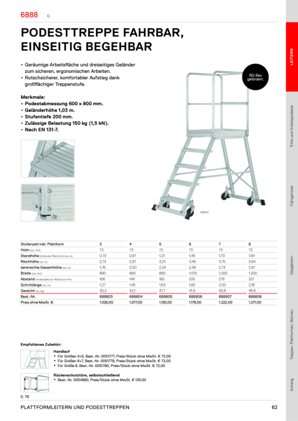 HYMER Podesttreppe fahrbar, einseitig begehbar, 5 Stufen, Standhöhe 1,21 m 688805