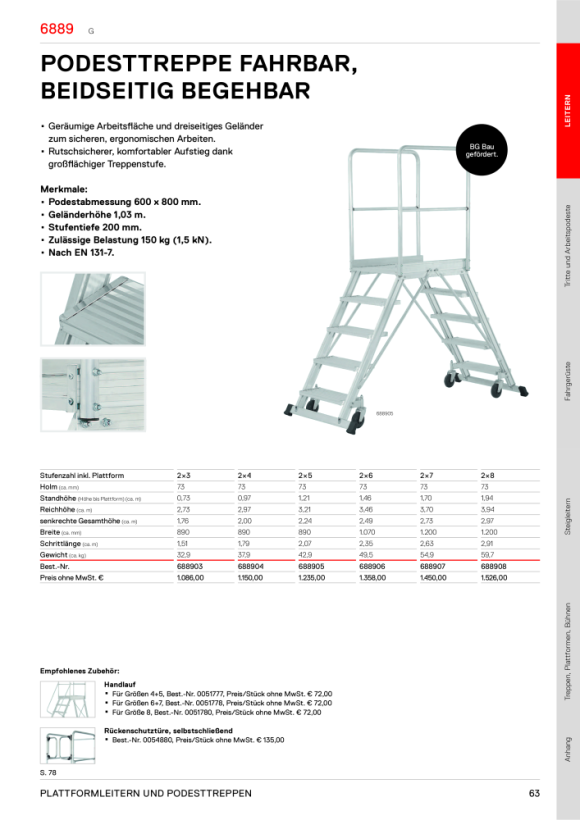 HYMER Podesttreppe fahrbar, einseitig begehbar, 5 Stufen, Standhöhe 1,21 m 688805