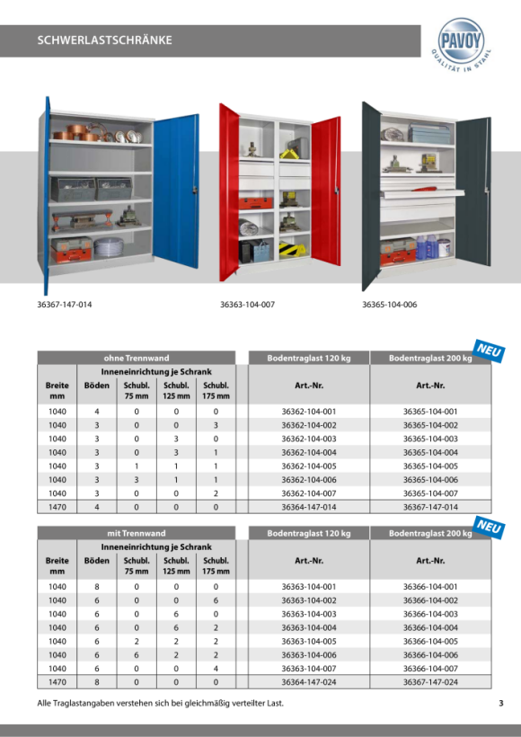 Pavoy Schwerlastschrank 1950/630/1040, Drehg., ohne Trennwand, 3 Böden, Schubladen: 2x175 36362-104-007