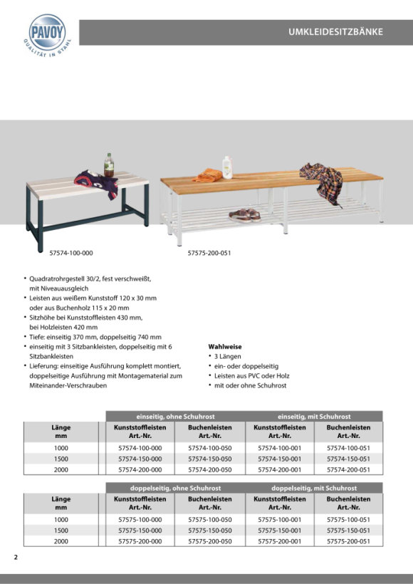 Pavoy Garderobensitzbank 1500 mm, einseitig, PVC-Leisten 57578-150-001