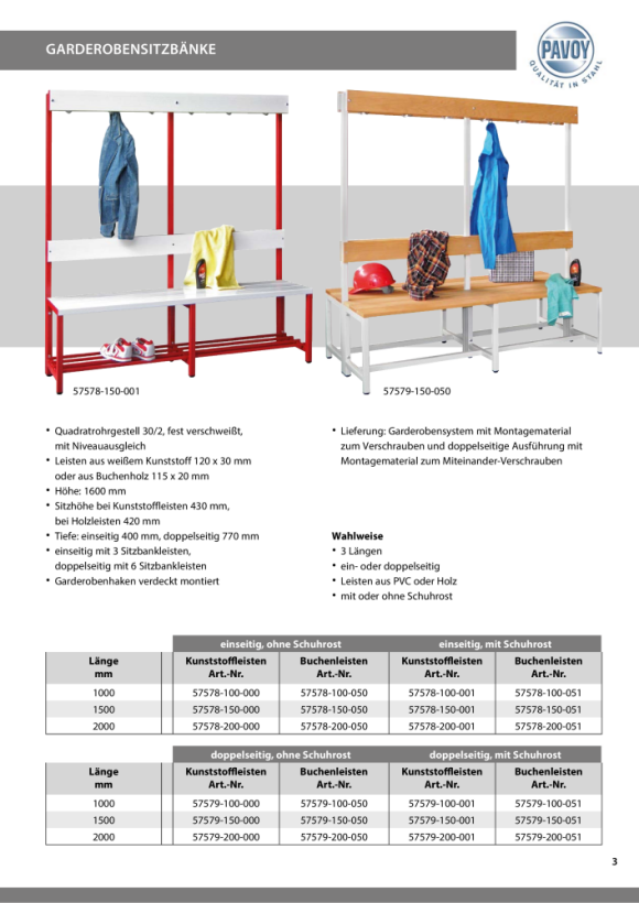 Pavoy Garderobensitzbank 1500 mm, einseitig, PVC-Leisten 57578-150-001