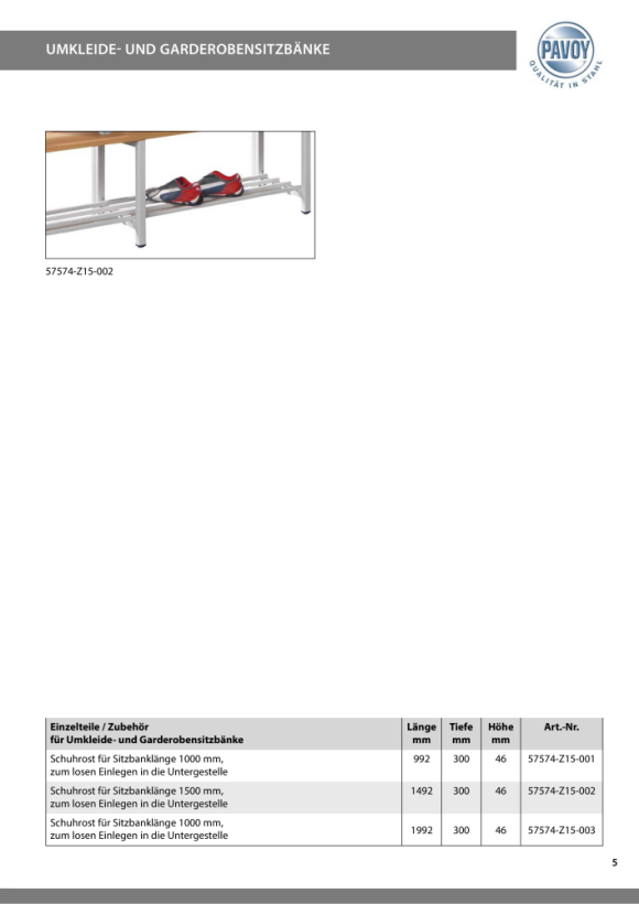 Pavoy Garderobensitzbank 2000 mm, einseitig, PVC-Leisten 57578-200-000