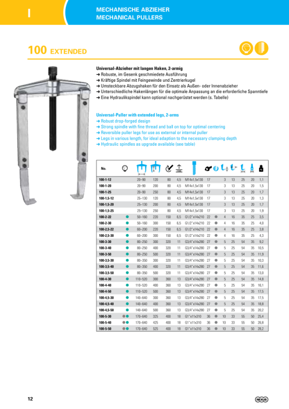 Nexus E100-1,5-25 Universal-Abzieher EASY-FIX mit langen Haken, 2-armig (130x250)mm