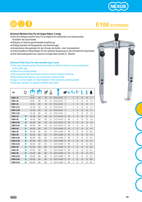 Nexus E100-1,5-25 Universal-Abzieher EASY-FIX mit langen Haken, 2-armig (130x250)mm