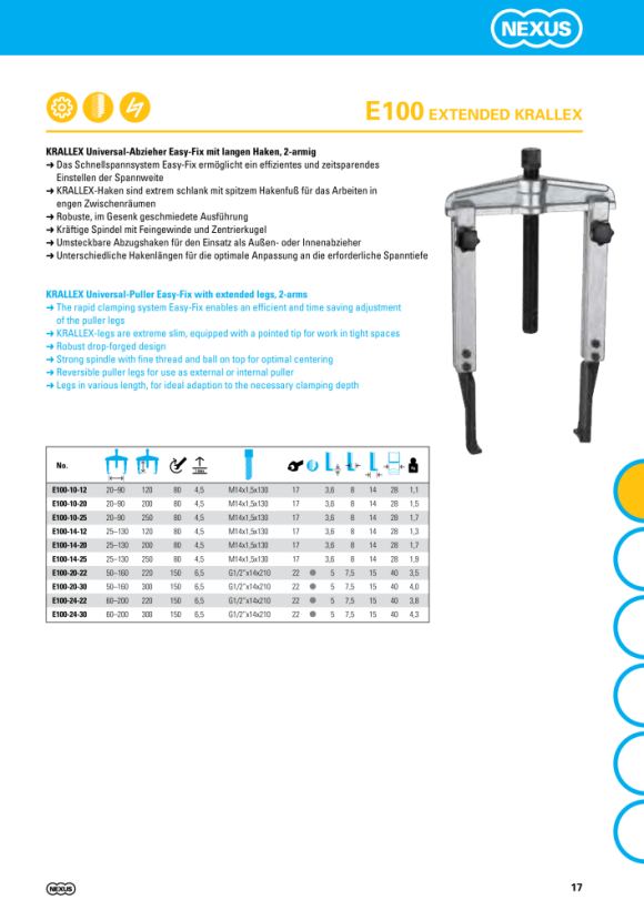 Nexus E100-20-30 KRALLEX Universal-Abzieher EASY-FIX mit langen Haken, 2-armig (160x300)mm