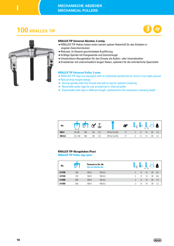 Nexus E100-0,5 KRALLEX TIP Universal-Abzieher EASY-FIX, 2-armig (130x100)mm