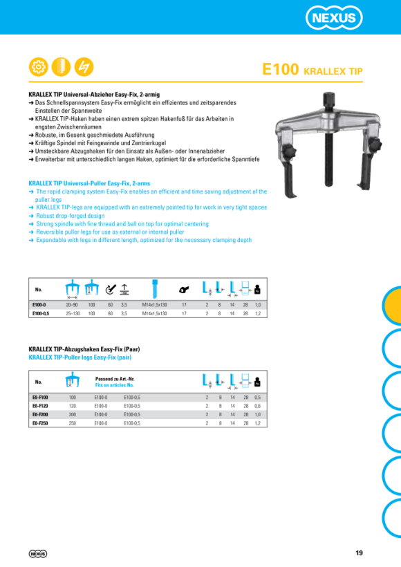 Nexus E100-0,5 KRALLEX TIP Universal-Abzieher EASY-FIX, 2-armig (130x100)mm