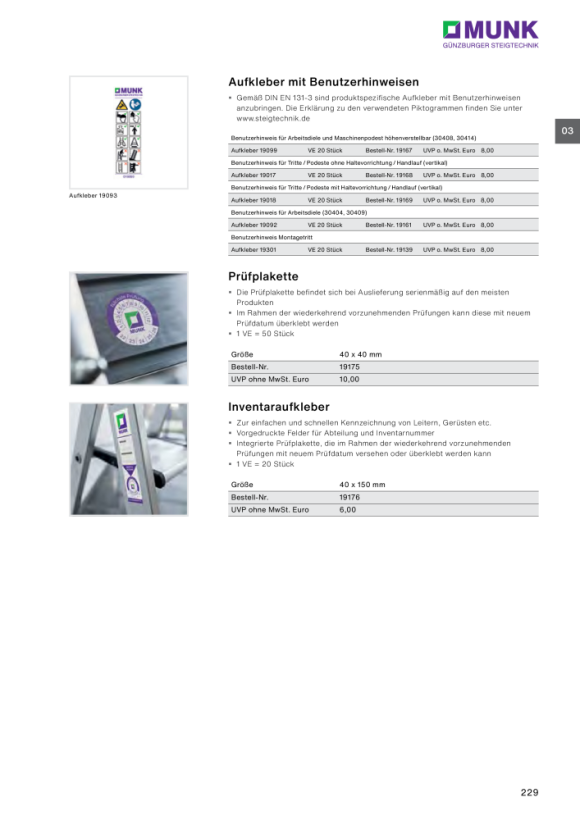 MUNK Information sticker for bridging platform / machine platform Sticker 19099 19167