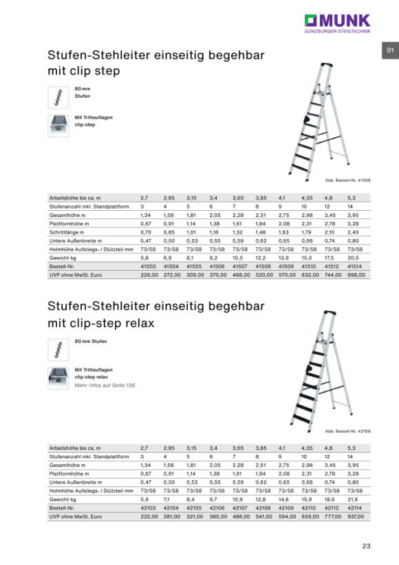 MUNK Stufen-Stehleiter einseitig begehbar mit clip-step relax 14 Stufen 42114
