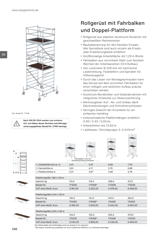 MUNK Mobile scaffolding 1.35 × 1.80 m with chassis bar and double platform Platform height 8.45 m 173836