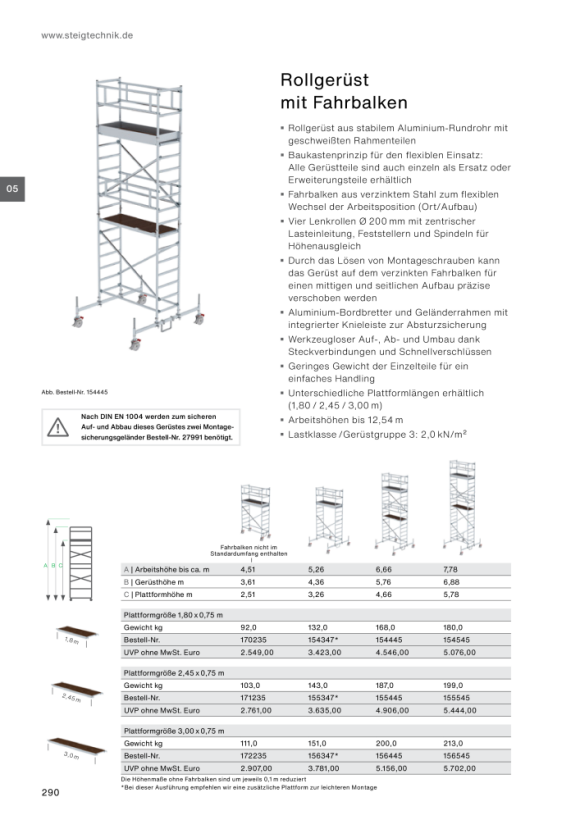 MUNK Mobile scaffolding, 0.75 נ1.80 m, with chassis bar. Platform height 5.45 m 154545