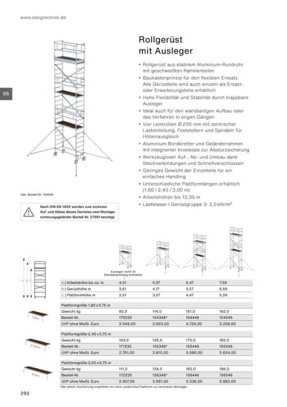 MUNK Mobile scaffolding, 0.75 נ3.0 m, with outrigger. Platform height 6.35 m 156646