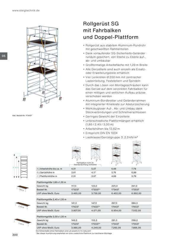 MUNK Mobile scaffolding SG 1.35 × 2.45 m with chassis bar & double platform platform height 10.54 m 174037