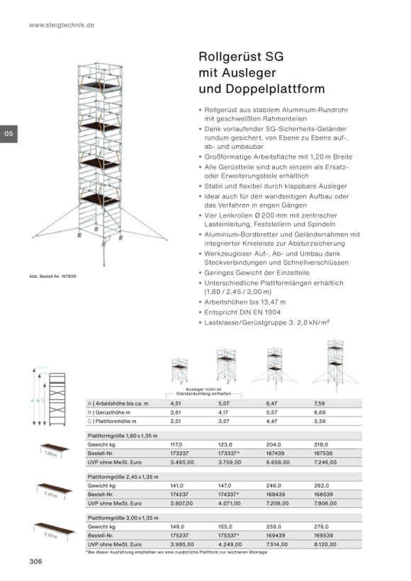 MUNK Mobile scaffolding SG 1.35 נ3 m with outrigger & double platform platform height 6.43 m 169639