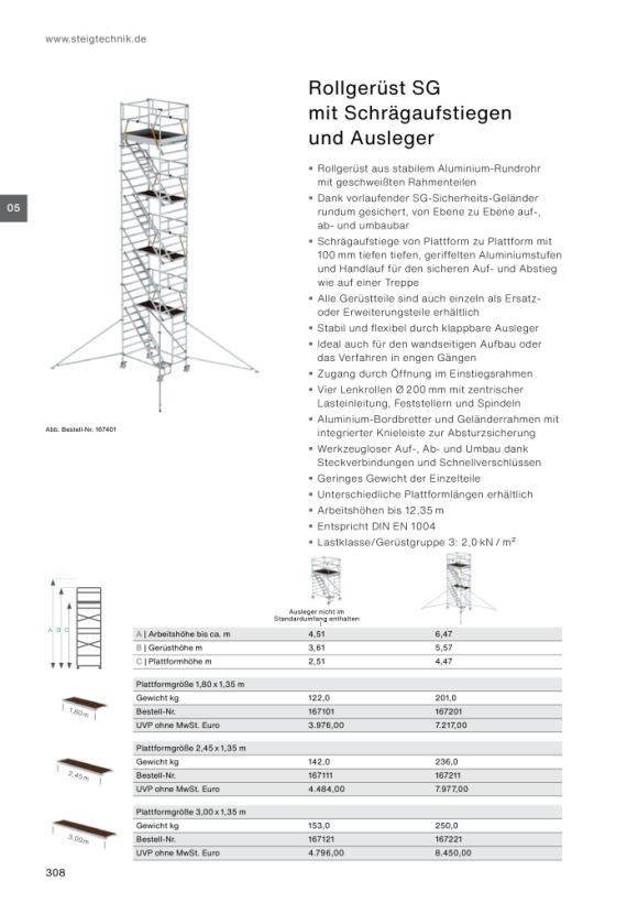 MUNK Mobile scaffolding SG 1.35 נ2.45 m with inclined ascents & outrigger platform height 10.35 m 167511