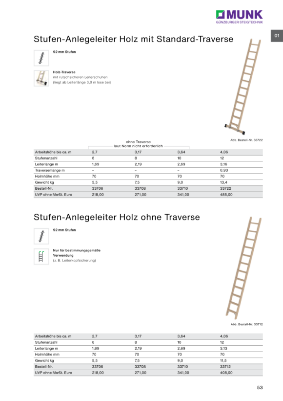 MUNK Stufen-Anlegeleiter Holz mit Traverse 12 Stufen 33722