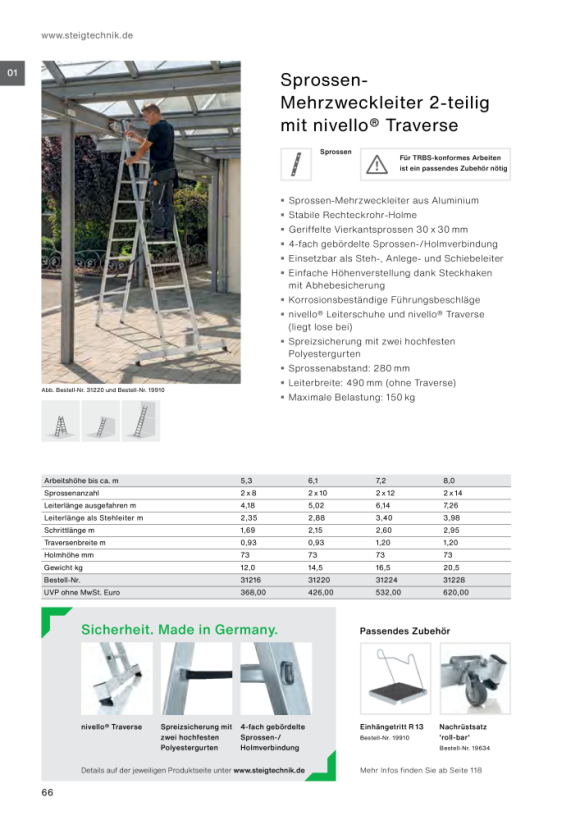 MUNK 3-section multi-purpose ladder with rungs, with nivello® stabiliser and wall castors 3x14 rungs 33314