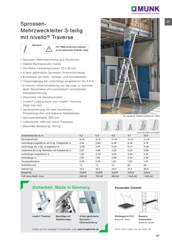 MUNK 3-section multi-purpose ladder with rungs, with nivello® stabiliser and wall castors 3x14 rungs 33314