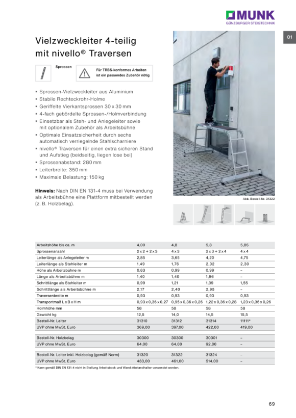 MUNK Vielzweckleiter 4-teilig mit nivello®-Traverse und Holzbelag 2x3 + 2x4 Sprossen 31320