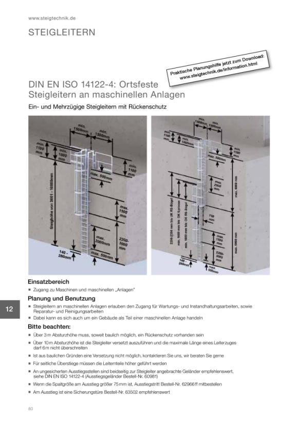 MUNK Multiple-flight vertical ladder with back protection (emergency ladder) bright aluminium 14.36m 510240