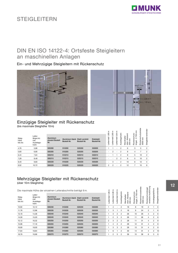 MUNK Multiple-flight vertical ladder with back protection (emergency ladder) bright aluminium 14.36m 510240