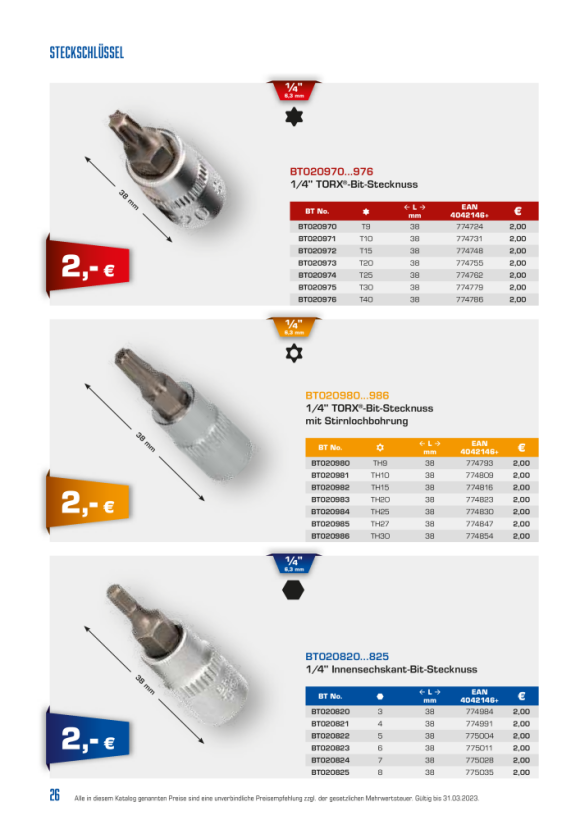 Brilliant  1/4" 6-Kant Schraubendreher-Einsatz, 38mm, 4mm BT020821