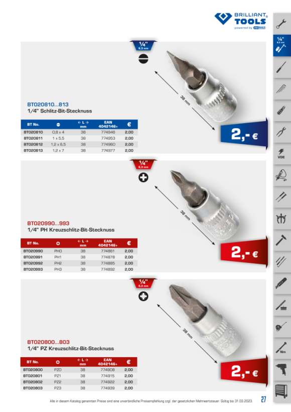 Brilliant  1/4" 6-Kant Schraubendreher-Einsatz, 38mm, 4mm BT020821