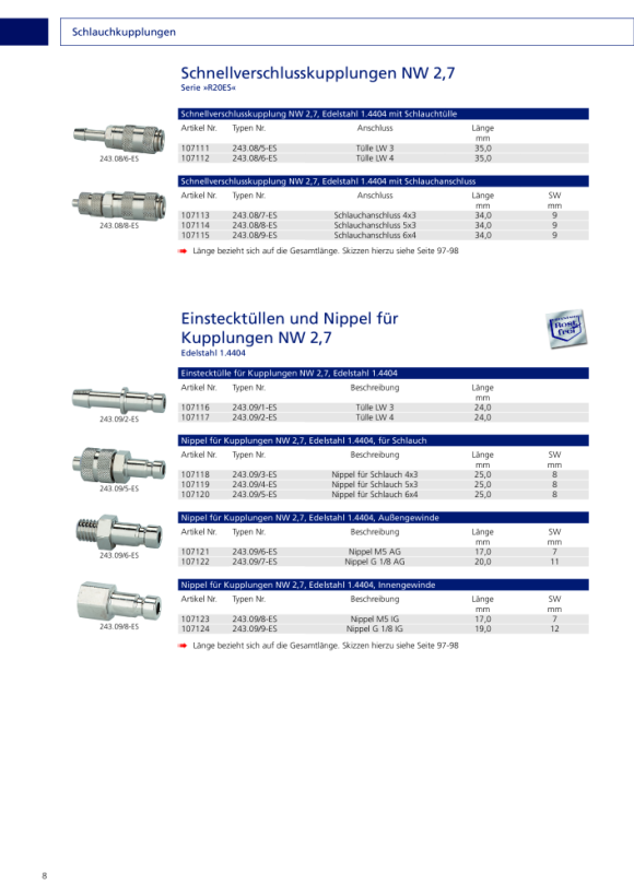 Riegler Snelkoppeling NW 2,7, RVS 1.4404, tule LW 3 107111