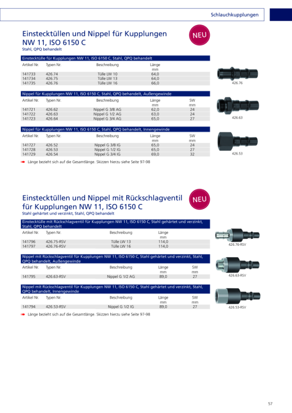 Riegler Nippel met RSV voor koppelingen NW 11, ISO 6150 C, staal, G 1/2 AG 141795