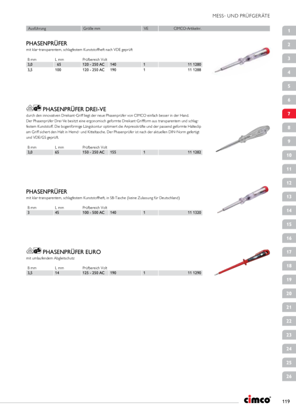 CIMCO Spannungsprüfer LxB 45x3 mm, Prüfbereich Volt 100-500 AC, Größe 125 mm 111320