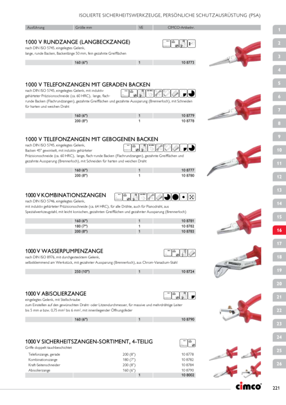 CIMCO 1000 V Kombinationszange , DIN ISO 5746, Länge 200mm, mit flachen Backen 108783