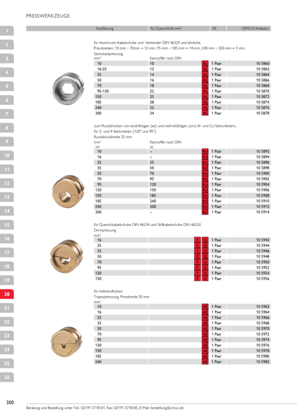 CIMCO Presseinsätze zu den Werkzeugen Nr. 10 5502, Nr. 10 5504, Nr. 10 5702 und Nr. 10 5704 für Aderendhülsen 185 mm² 105980