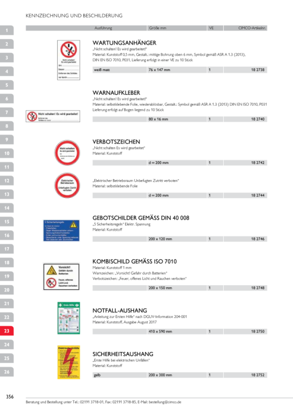 CIMCO Sicherheitsaushang. Auszug aus den , allgemeinen Unfallverhütungsvorschriften 182760