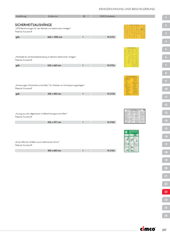 CIMCO Sicherheitsaushang. Auszug aus den , allgemeinen Unfallverhütungsvorschriften 182760