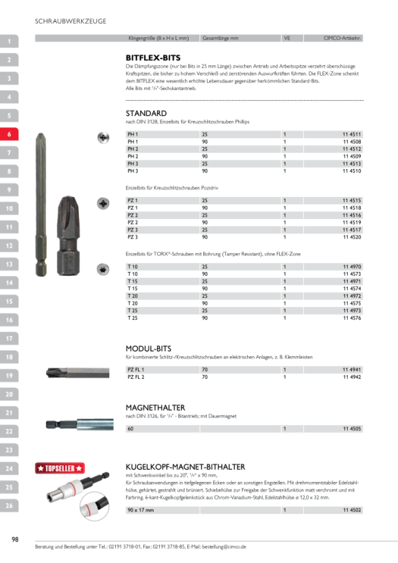 CIMCO Einzelbit Standard DIN 3128 für Kreuzschlitzschrauben PH1 Länge 90mm 114508