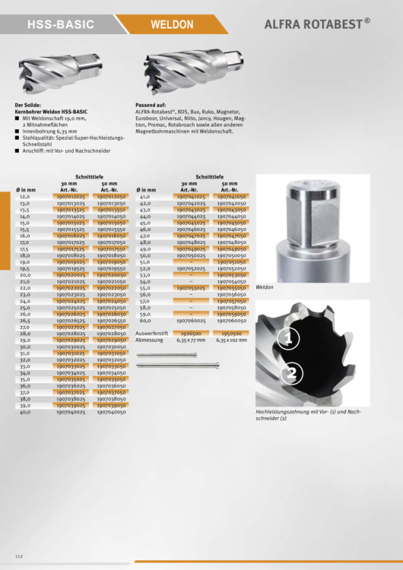 ALFRA Rotabest-HSS kernboor Basic, snijdiepte 50 mm, set met volgende inhoud: 2X14,1X16,2X18,1X20,2X22,1X24,1X26 2 uitwerppennen, set van 10 1907001050