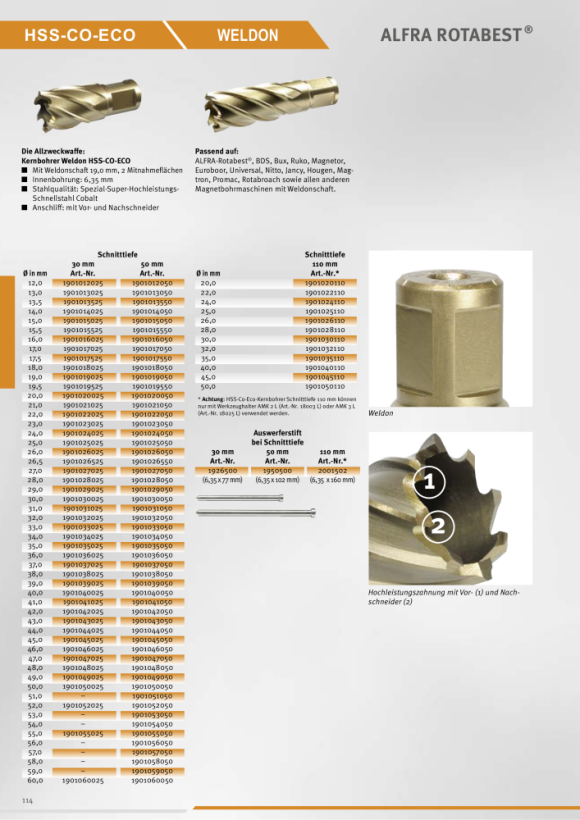 ALFRA Rotabest HSS Co-Eco kernboor, snijdiepte 50 mm, set met de volgende inhoud: 1X14,1X16,1X18,1X20,1x22,1X26, 1 uitwerppin, set van 6 1901003050