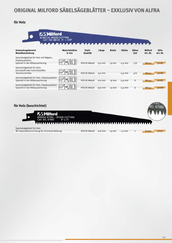 ALFRA Originele Milford reciprozaagbladen 88215 150 mm 8/12 Z 30040