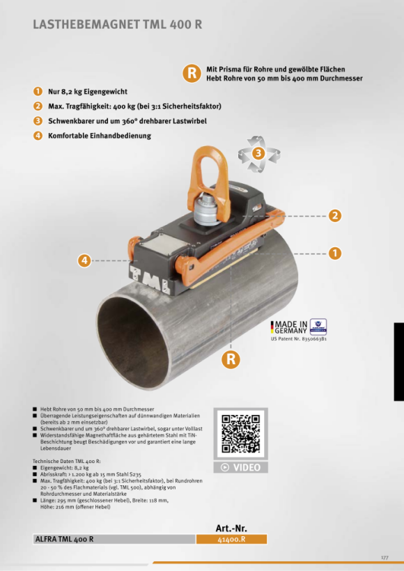 ALFRA Magneetsysteem TML 400 R (buisversie) Permanente hefmagneet 41400.R