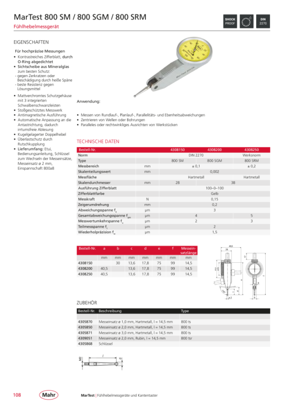 Mahr 800 ter Meßeinsatz mit, Rubinkugel D=2 mm L=9,155 mm 4309050