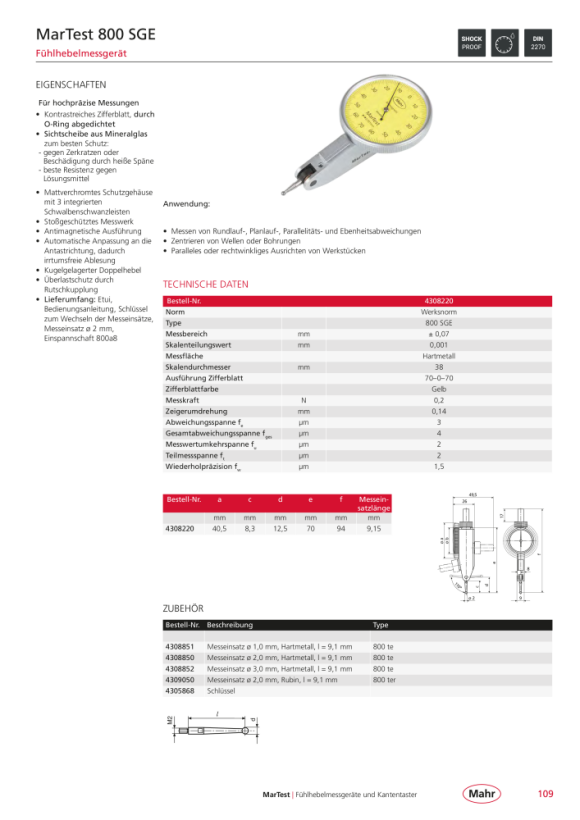 Mahr 800 ter Meßeinsatz mit, Rubinkugel D=2 mm L=9,155 mm 4309050